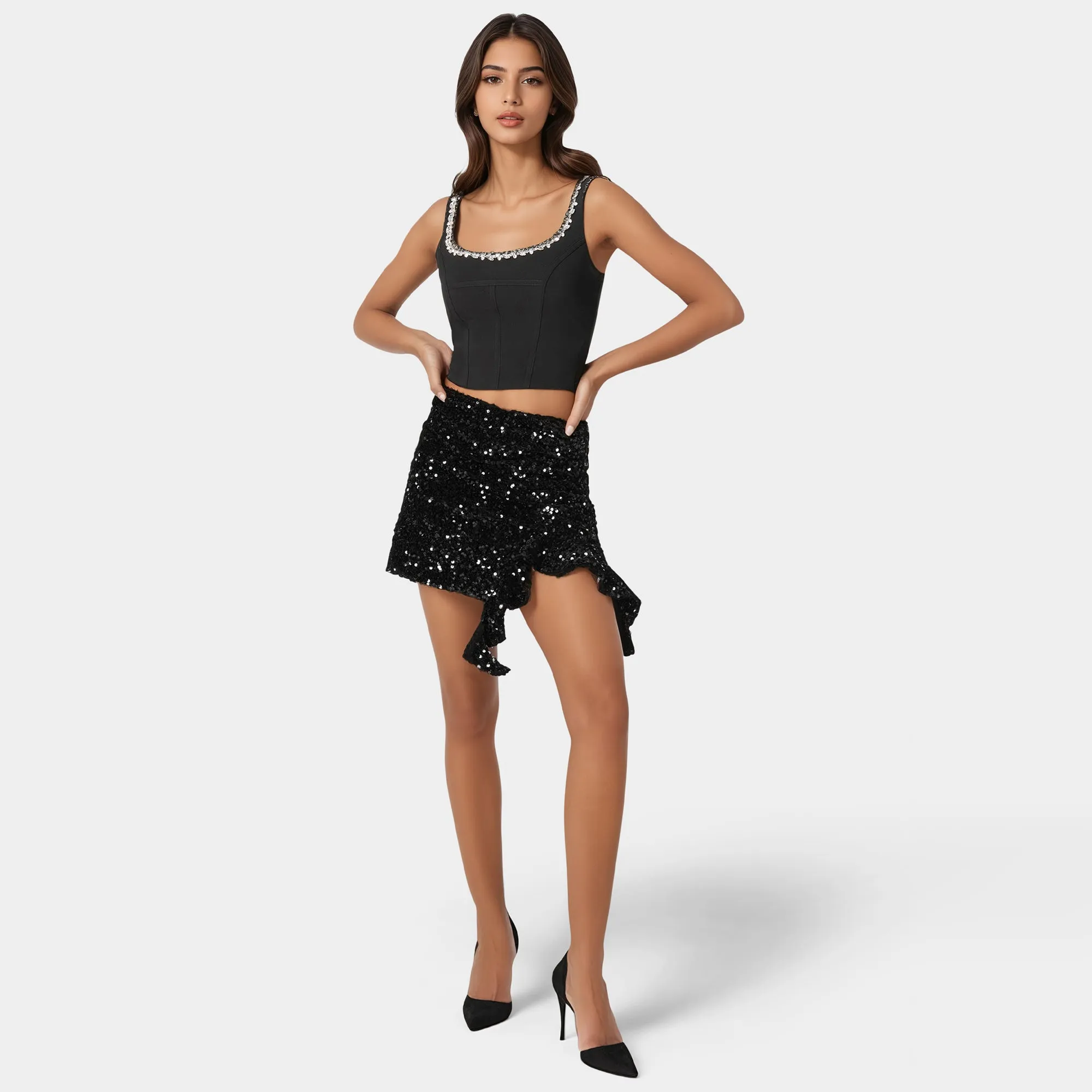 Bebe Women's Mini Sequin Ruffle Slit Skort