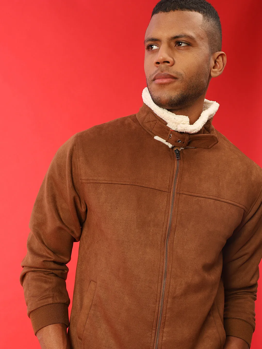 Campus Sutra Men Brown Suede Windcheater Outdoor Bomber Jacket