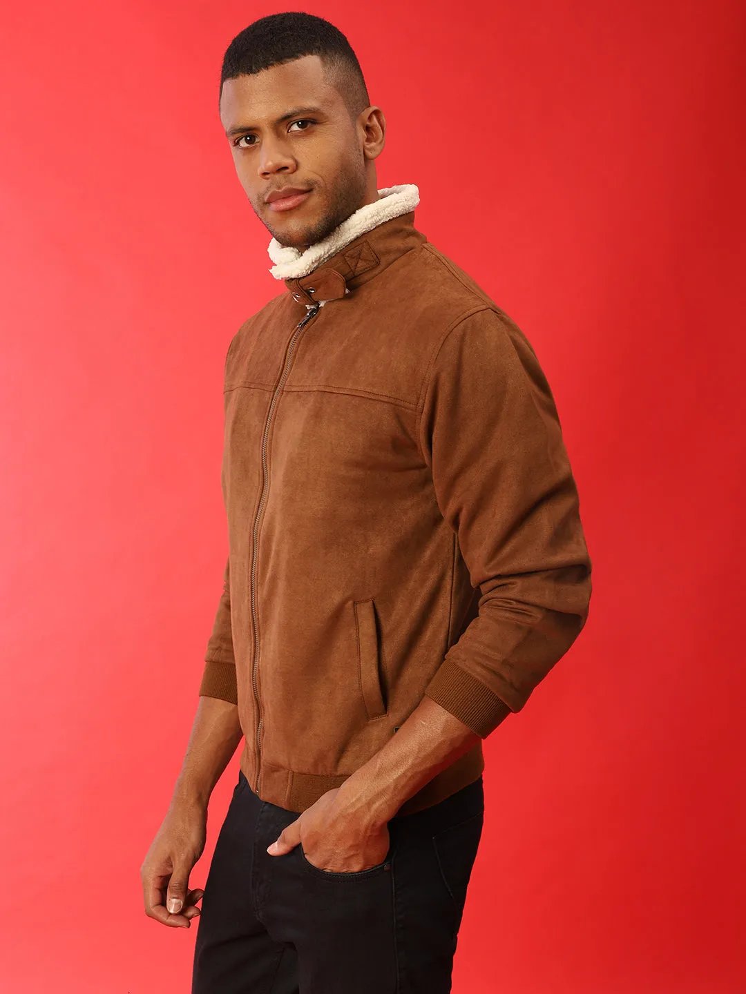 Campus Sutra Men Brown Suede Windcheater Outdoor Bomber Jacket