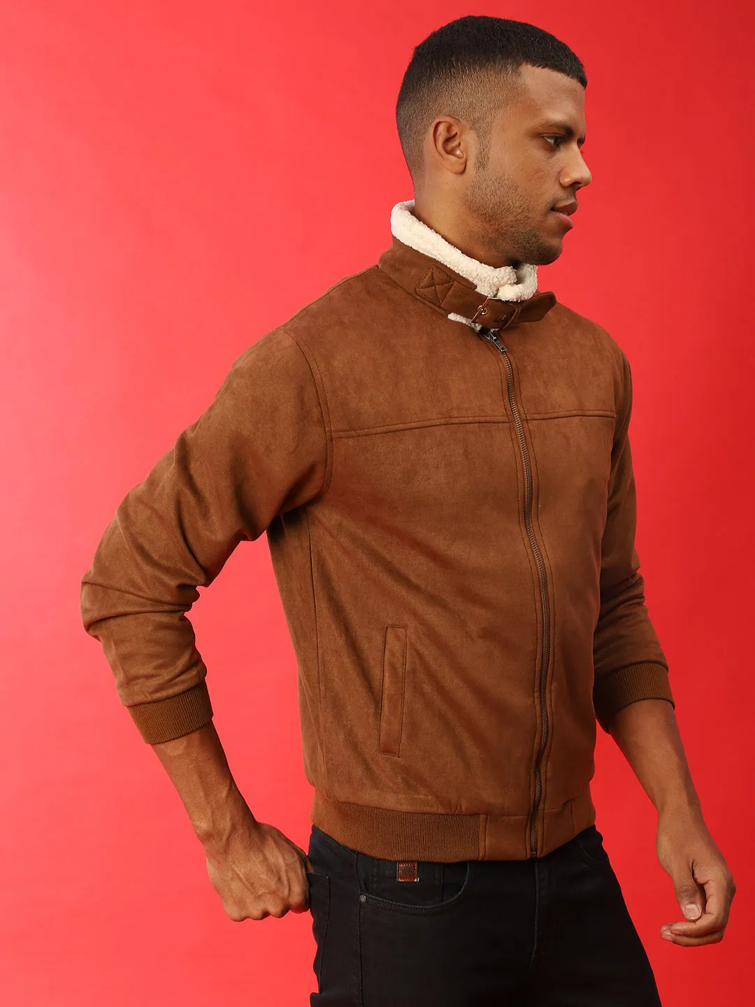 Campus Sutra Men Brown Suede Windcheater Outdoor Bomber Jacket