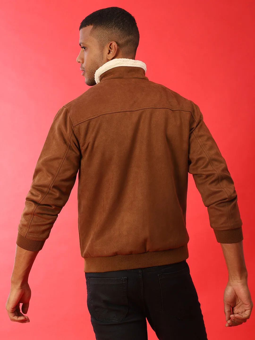 Campus Sutra Men Brown Suede Windcheater Outdoor Bomber Jacket