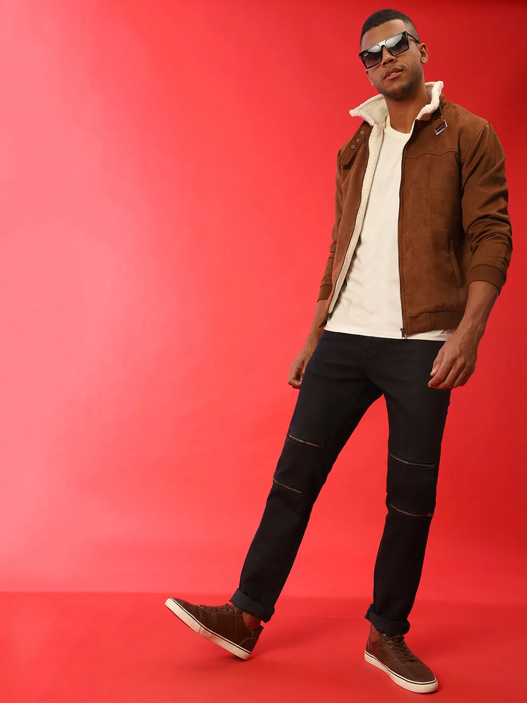 Campus Sutra Men Brown Suede Windcheater Outdoor Bomber Jacket