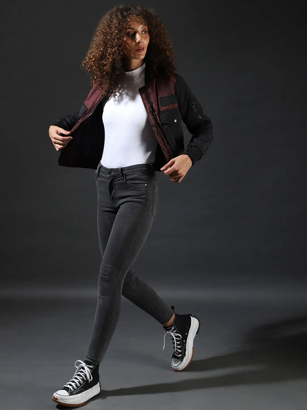 Campus Sutra Women Checks Stylish Casual Bomber Jacket