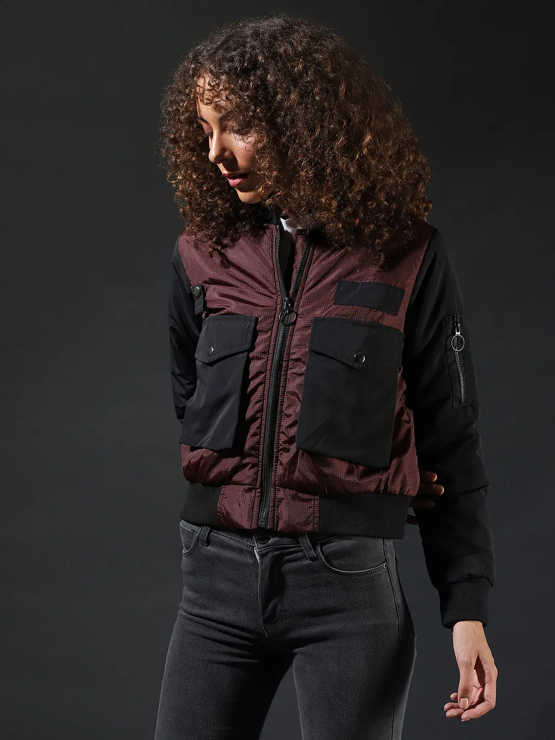 Campus Sutra Women Checks Stylish Casual Bomber Jacket