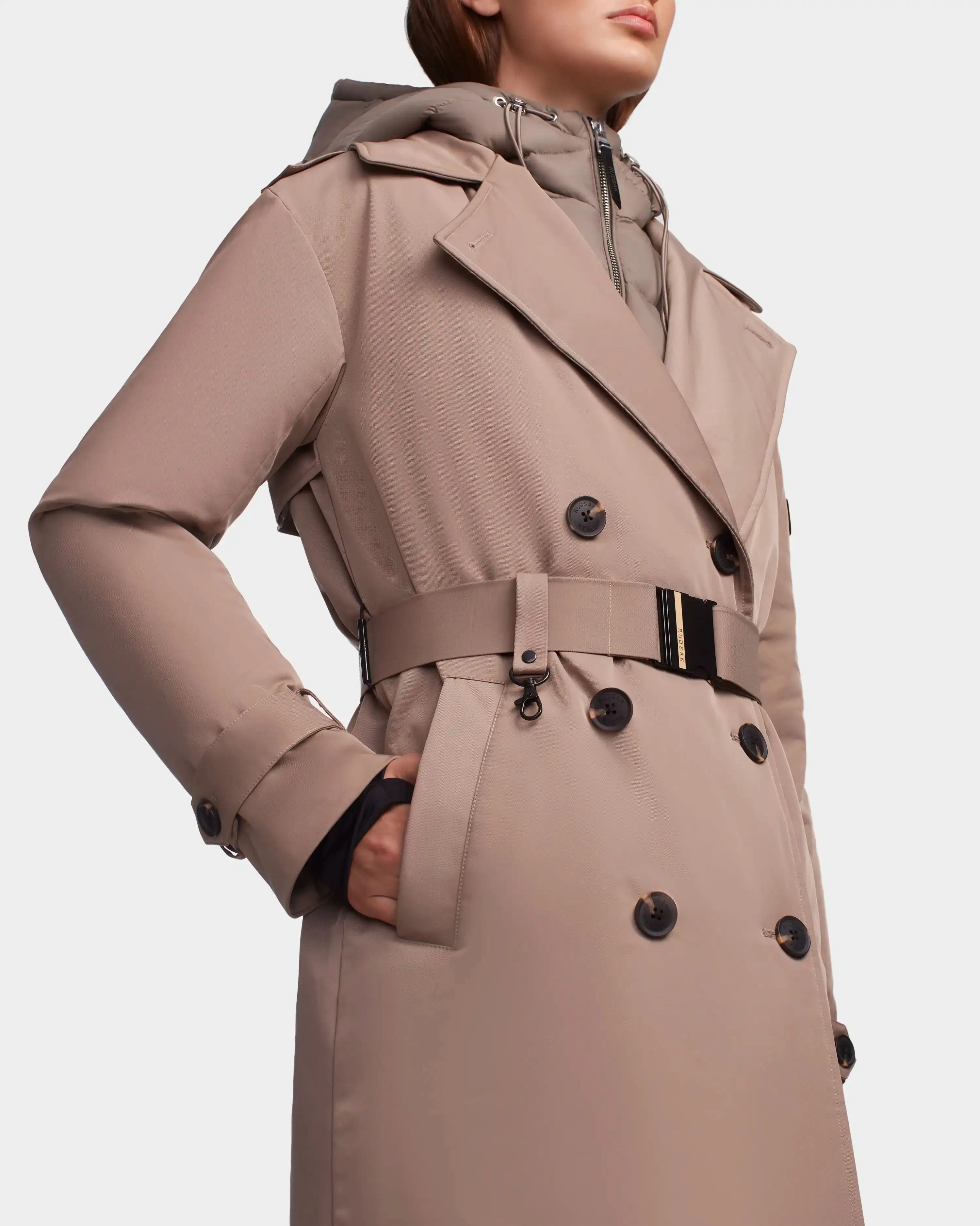 CELIA WOMEN'S LIGHTWEIGHT DOWN TRENCH WITH REMOVABLE HOODED BIB