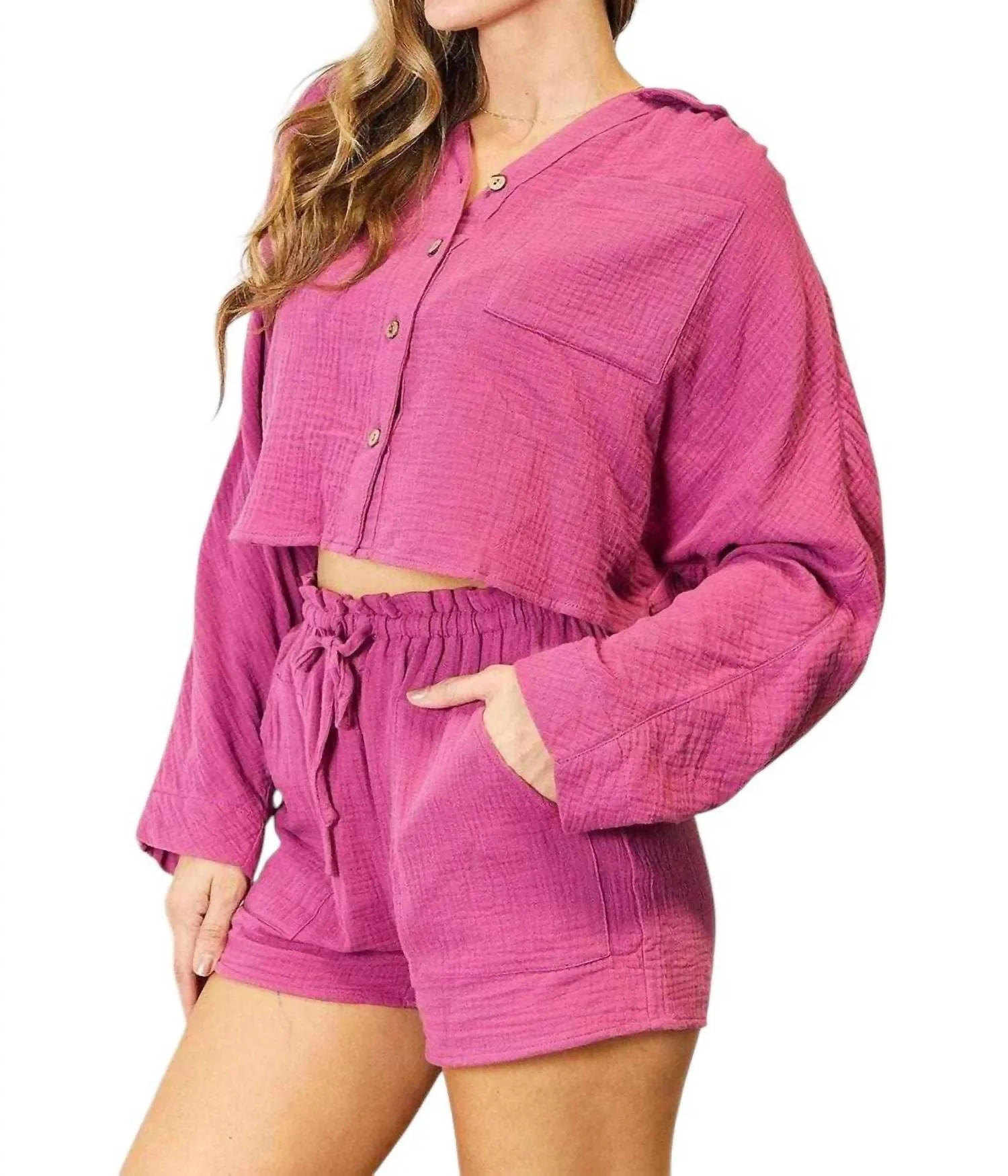 Chic Two-Piece Button-Up Set In Fuchsia