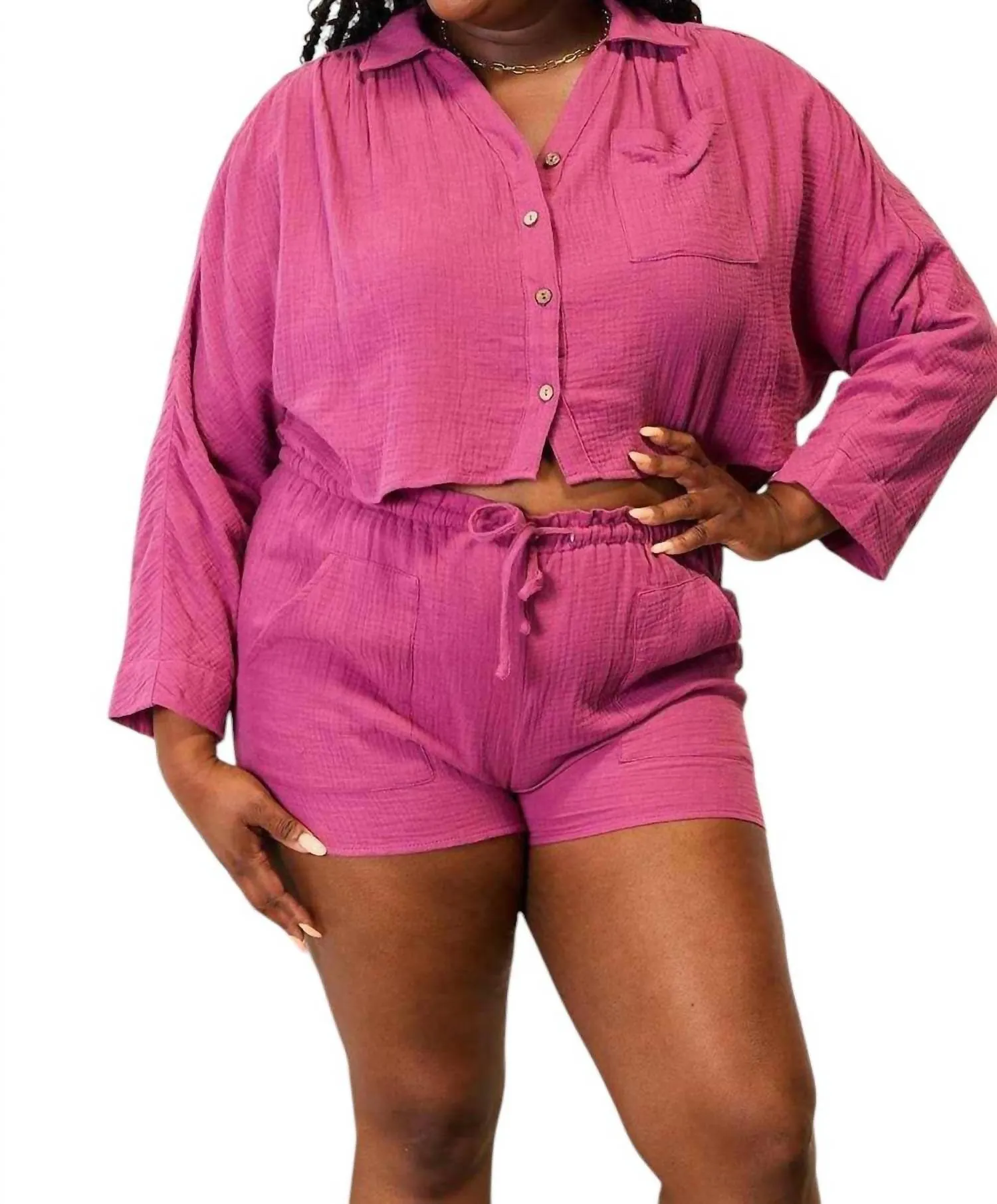 Chic Two-Piece Button-Up Set In Fuchsia