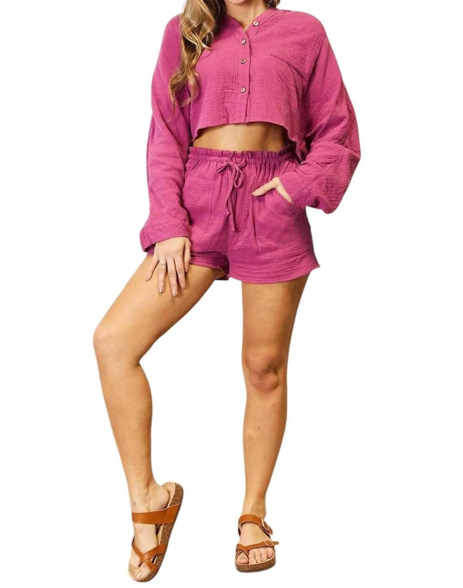 Chic Two-Piece Button-Up Set In Fuchsia