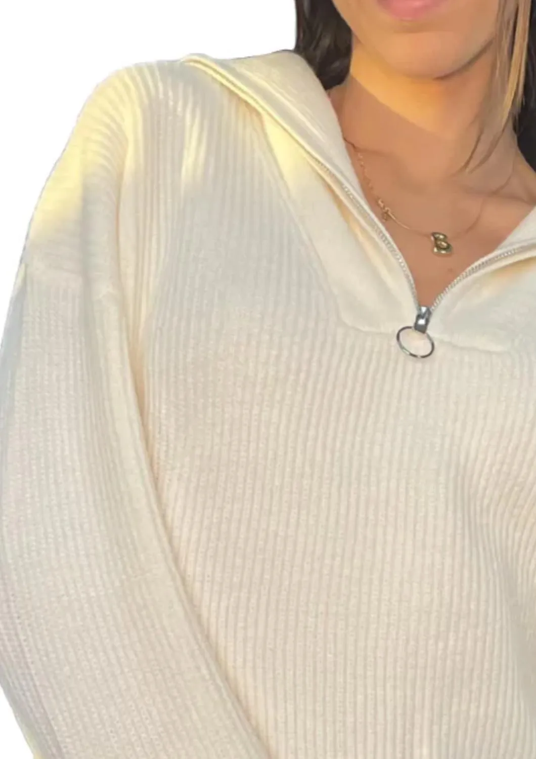 Collared Half Zip Up Sweater In Cream