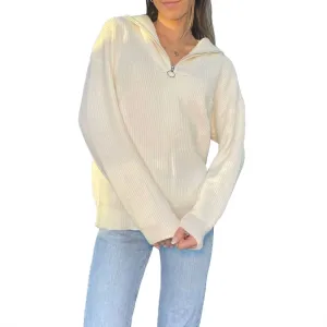 Collared Half Zip Up Sweater In Cream