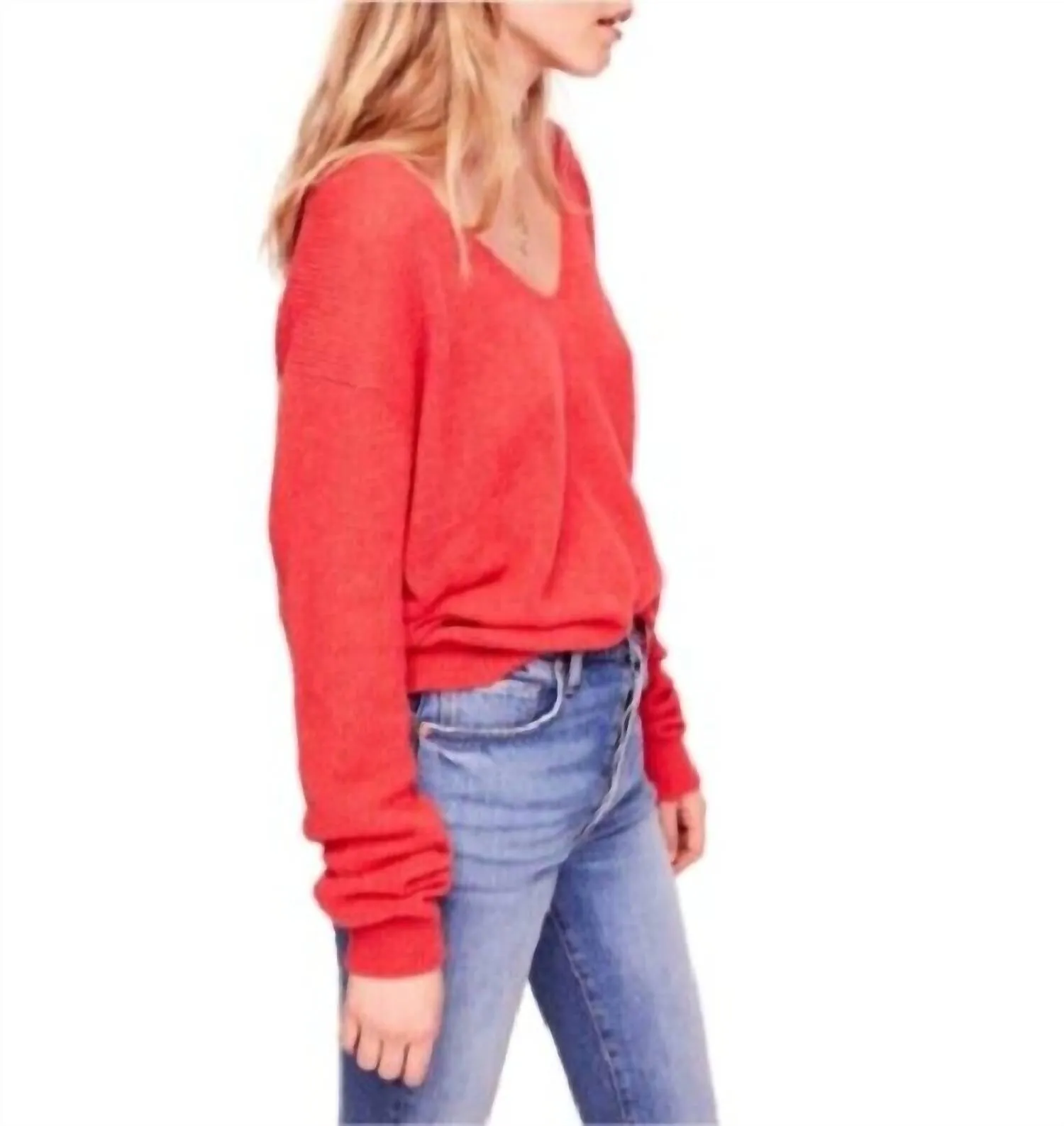 Coral Knit Gossamer V-Neck Sweater In Red