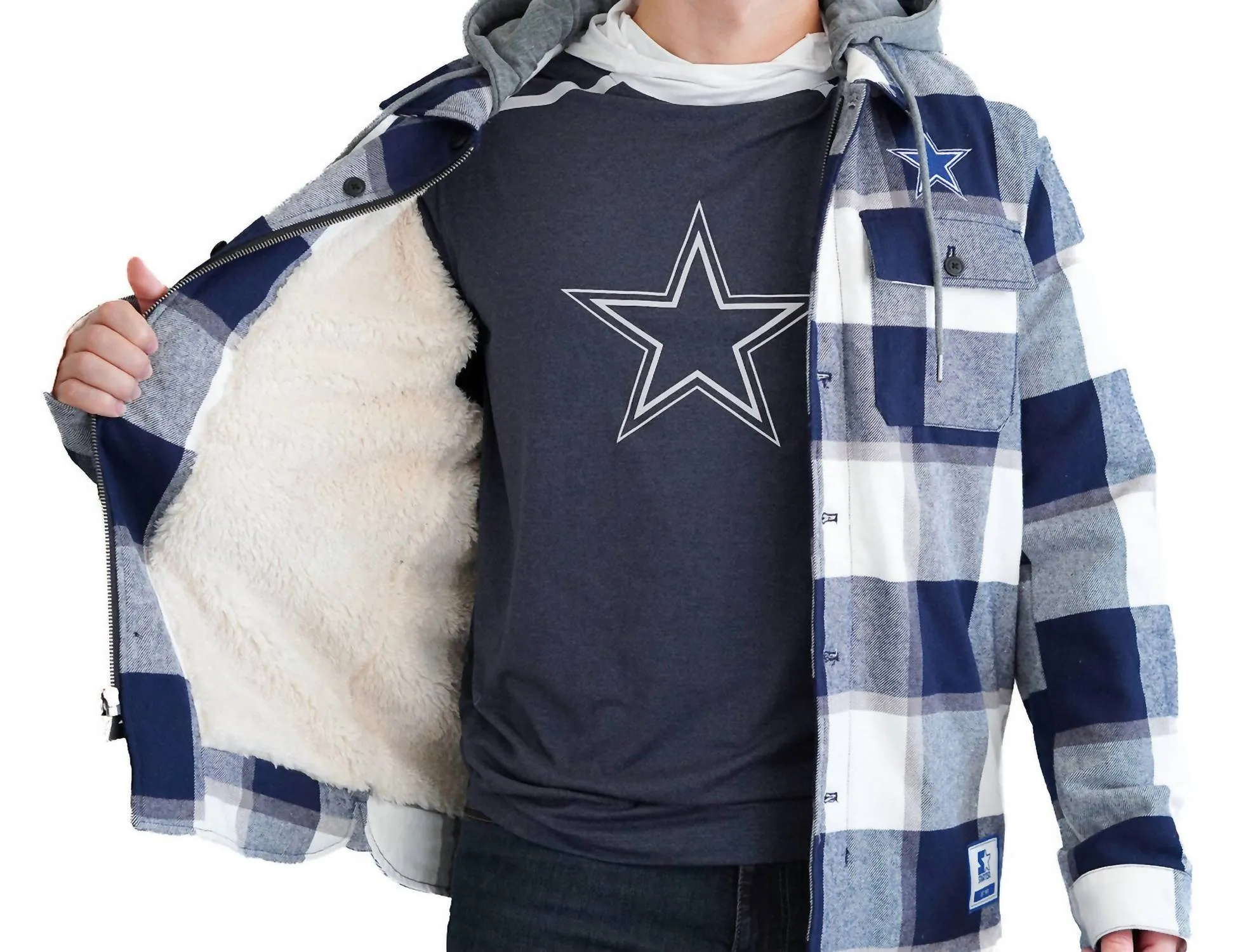 Cowboys Men's Starter Flannel Sherpa Shacket In Navy