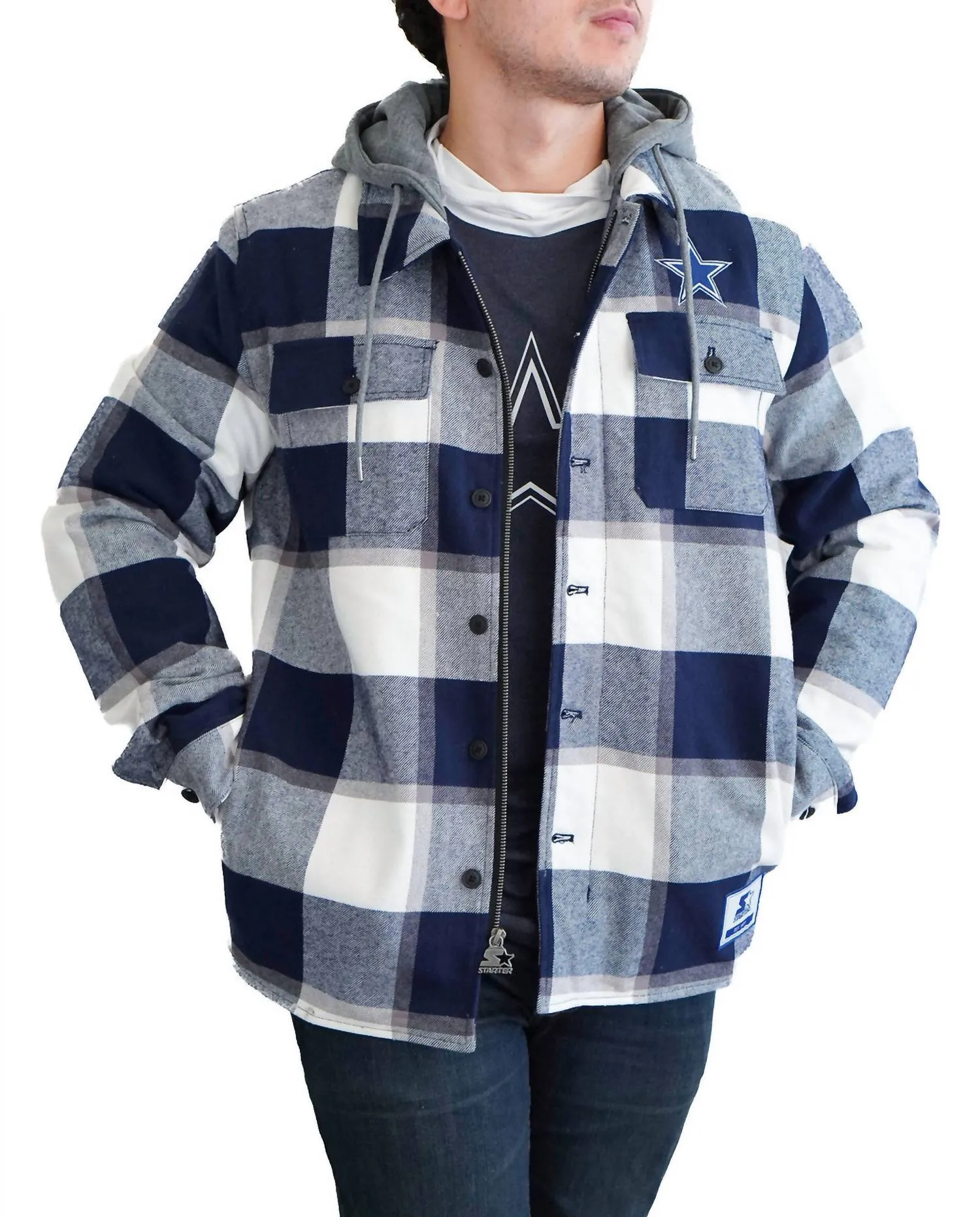 Cowboys Men's Starter Flannel Sherpa Shacket In Navy
