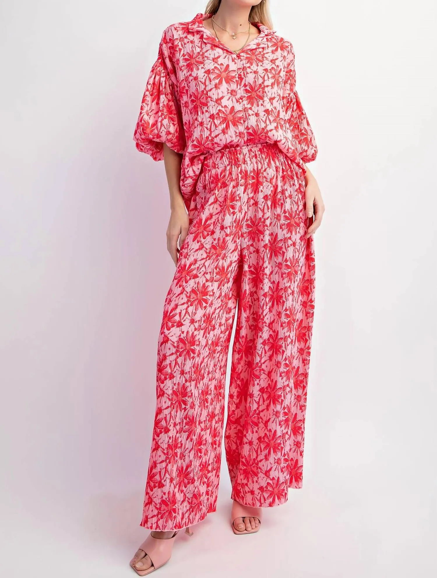 Crinkled Wide Leg Pants In Hot Pink & Red