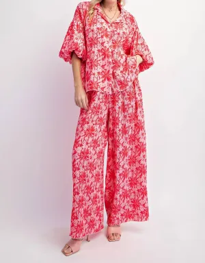 Crinkled Wide Leg Pants In Hot Pink & Red