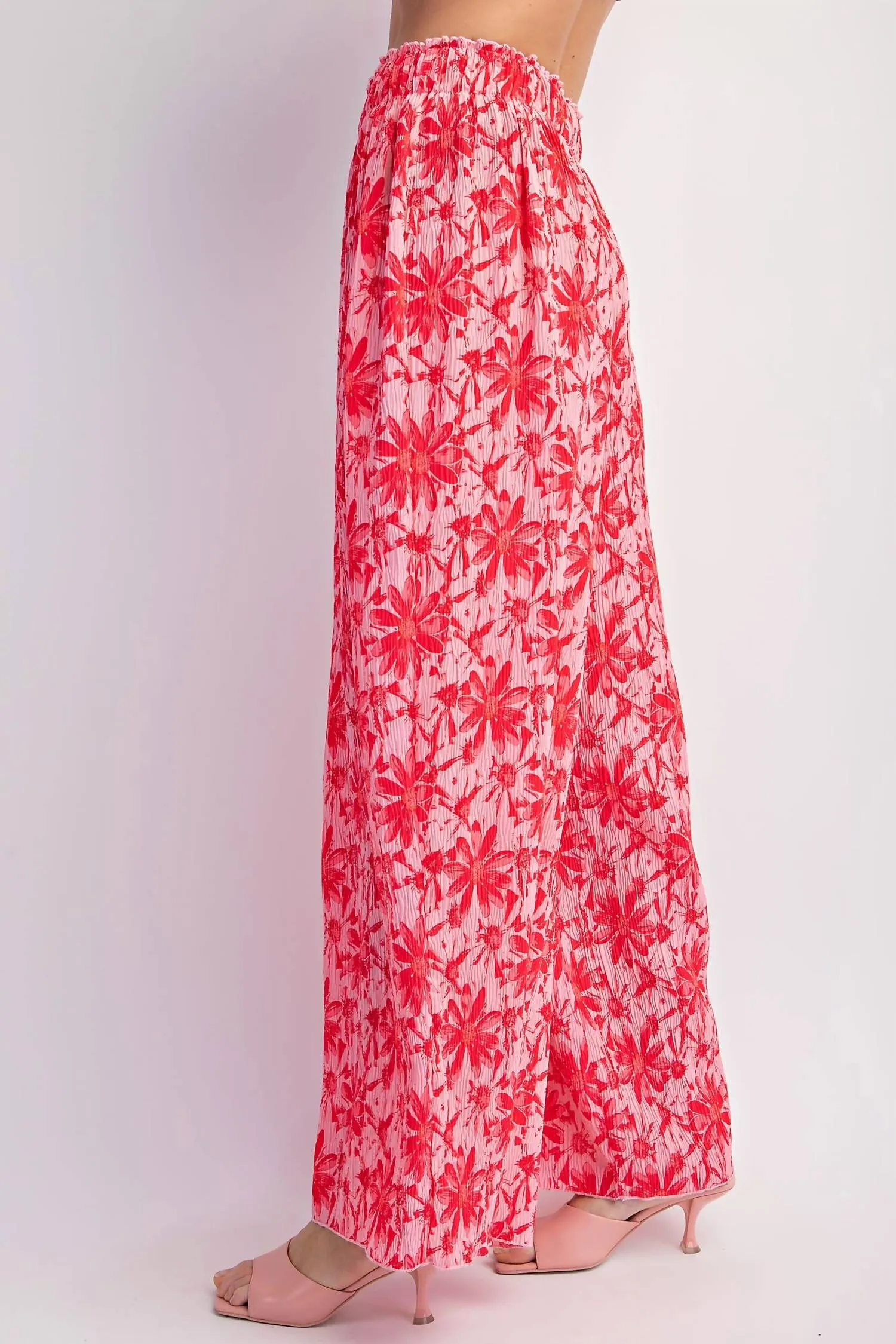 Crinkled Wide Leg Pants In Hot Pink & Red