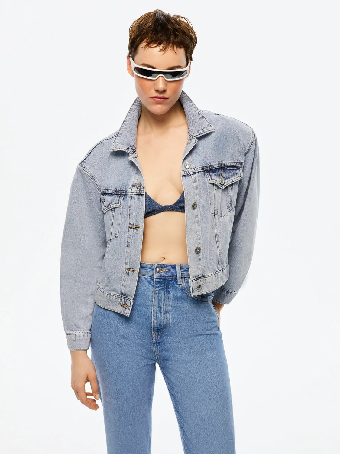 Cropped Denim Jacket with Shoulder Pads