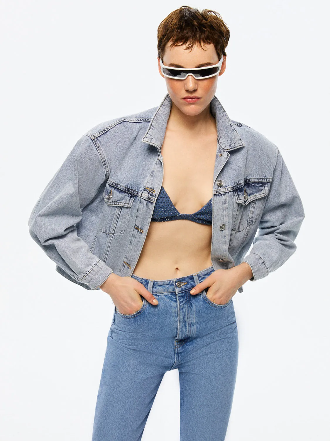 Cropped Denim Jacket with Shoulder Pads