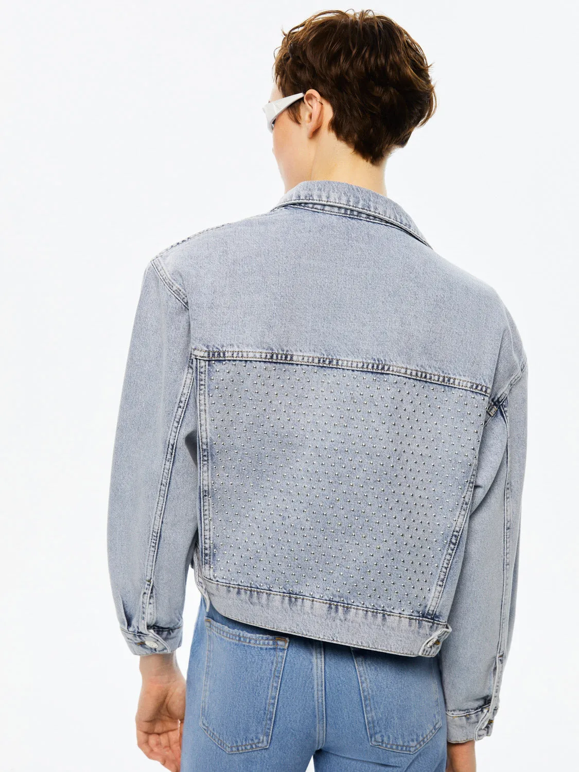 Cropped Denim Jacket with Shoulder Pads