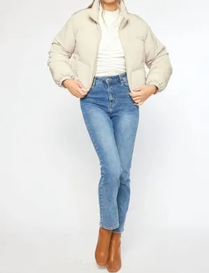 Cropped Puffer Zip-Up Jacket In Cream