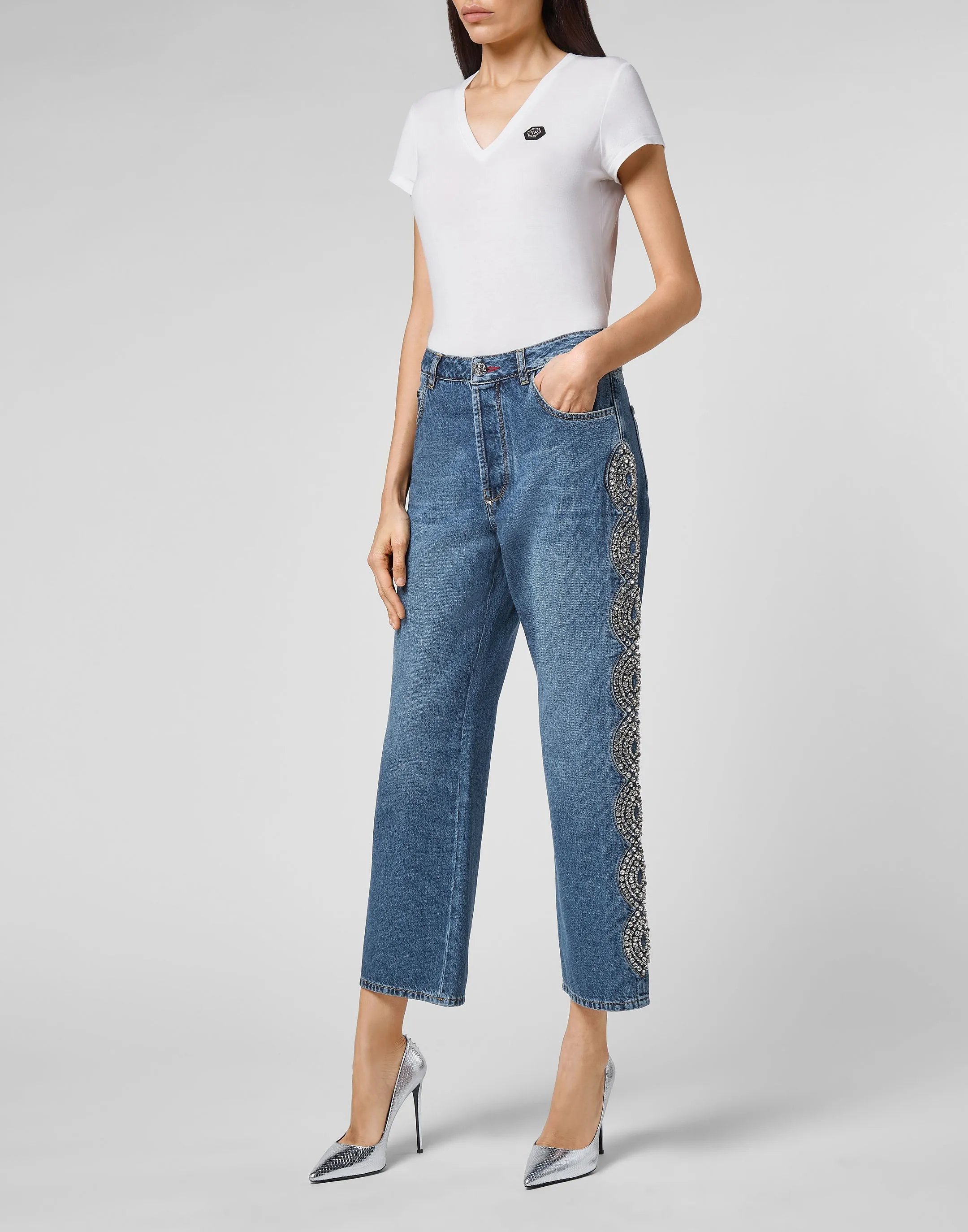 Denim Trousers Loose Fit Crystal Cable