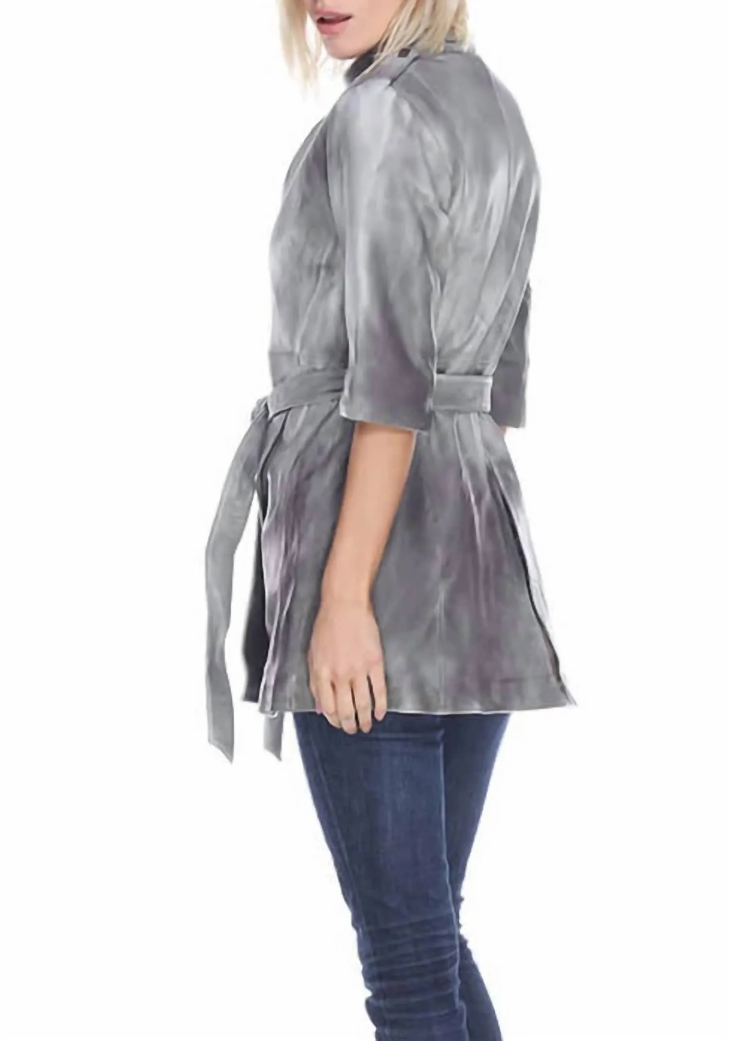 Dip Dye Long Leather Coat In Grey