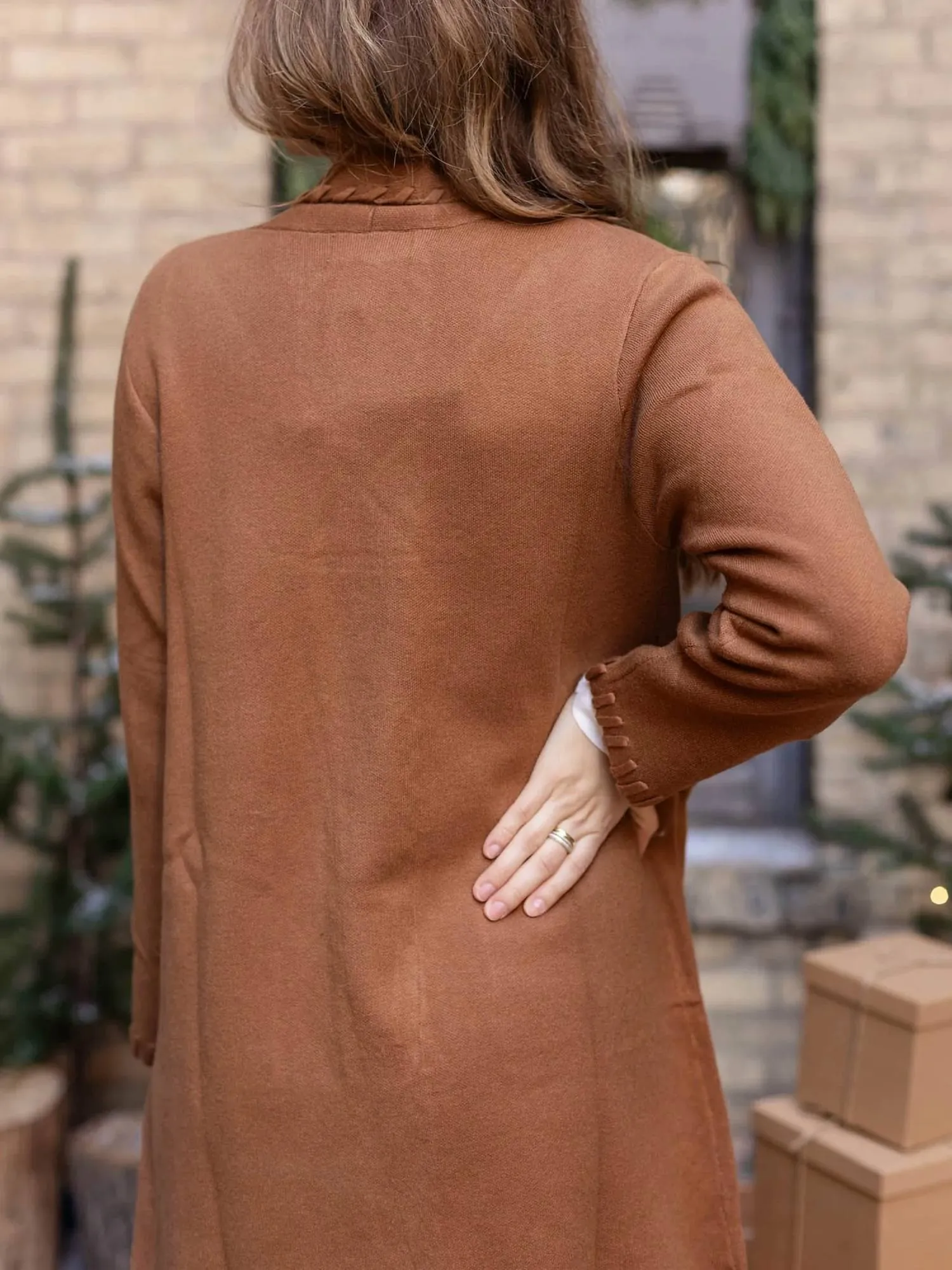 Edge Detail Open Knit Cardigan In Camel