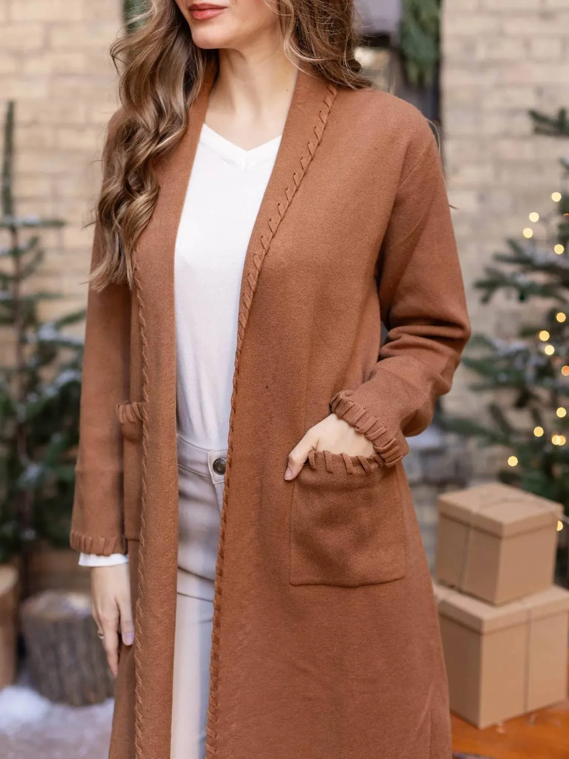 Edge Detail Open Knit Cardigan In Camel