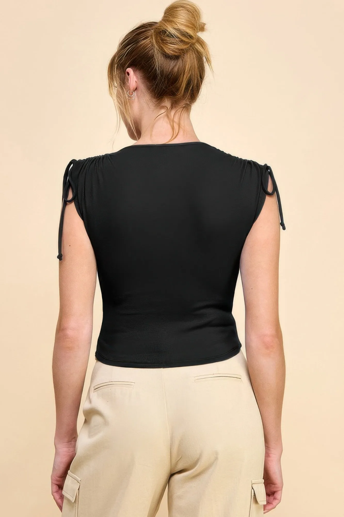 FASHNZFAB Women's Ruching Shoulder Ribbed Top