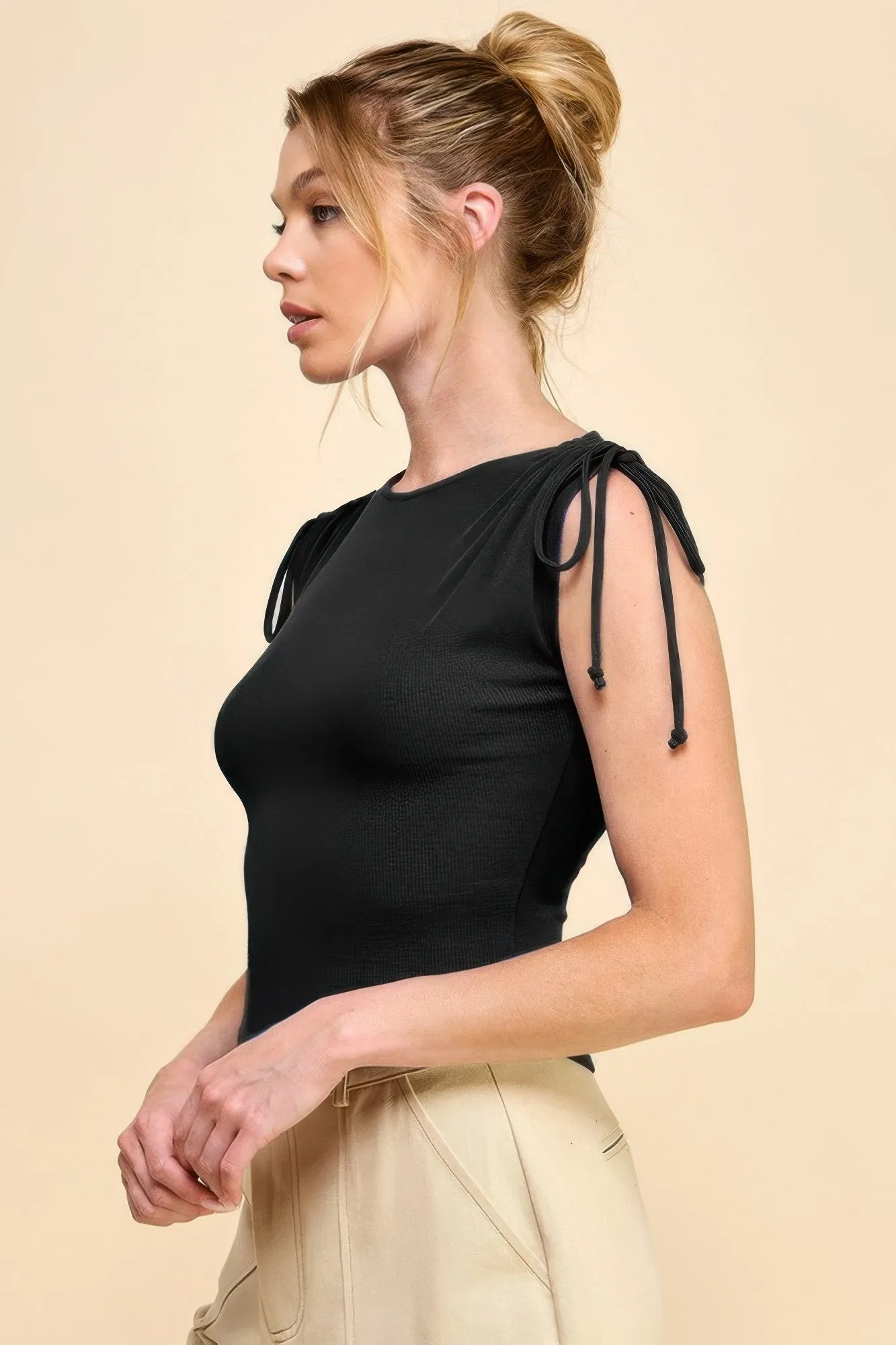 FASHNZFAB Women's Ruching Shoulder Ribbed Top
