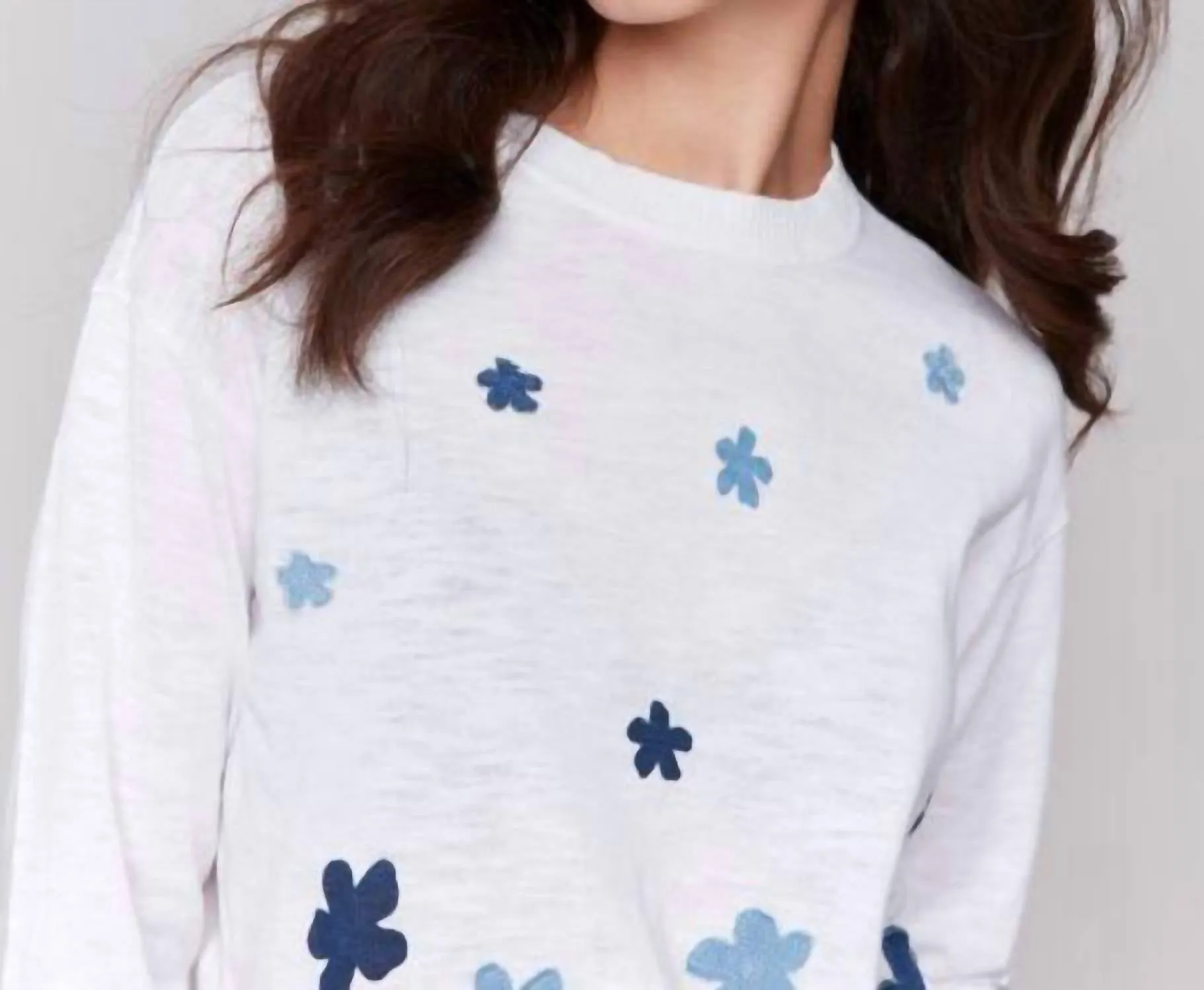 Floral Denim Patch Cotton Crewneck Sweater In White