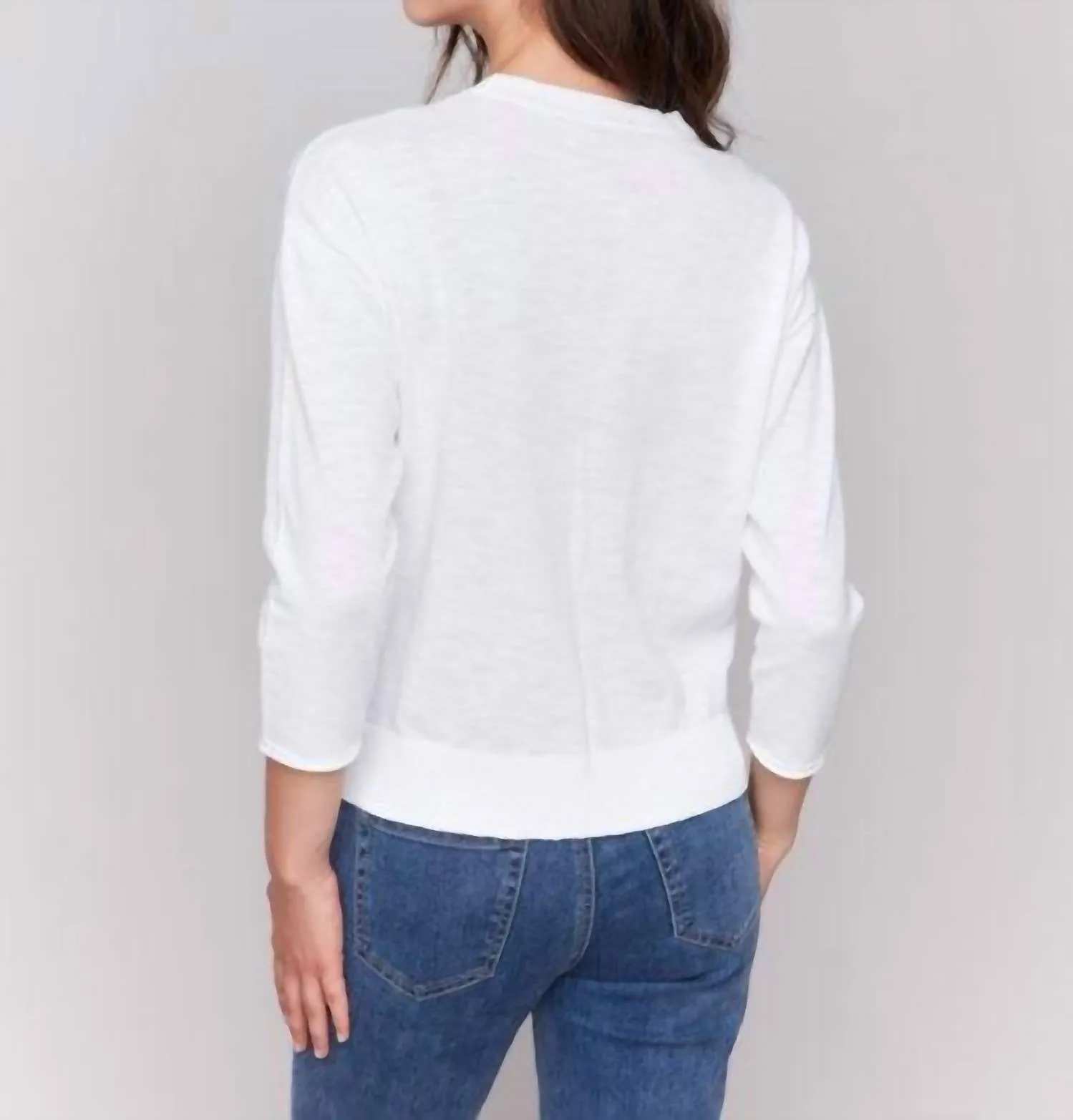 Floral Denim Patch Cotton Crewneck Sweater In White