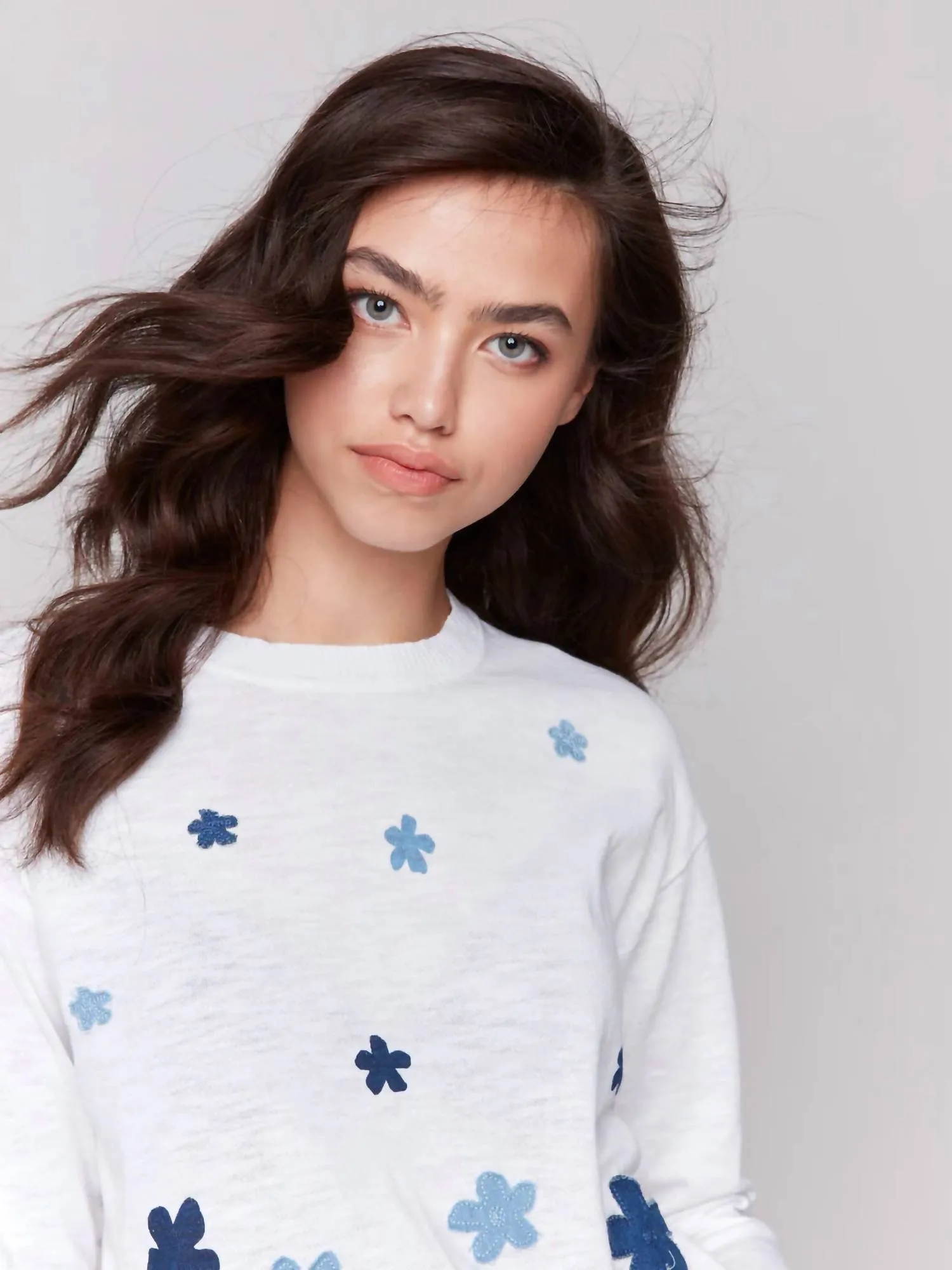 Floral Denim Patch Cotton Crewneck Sweater In White