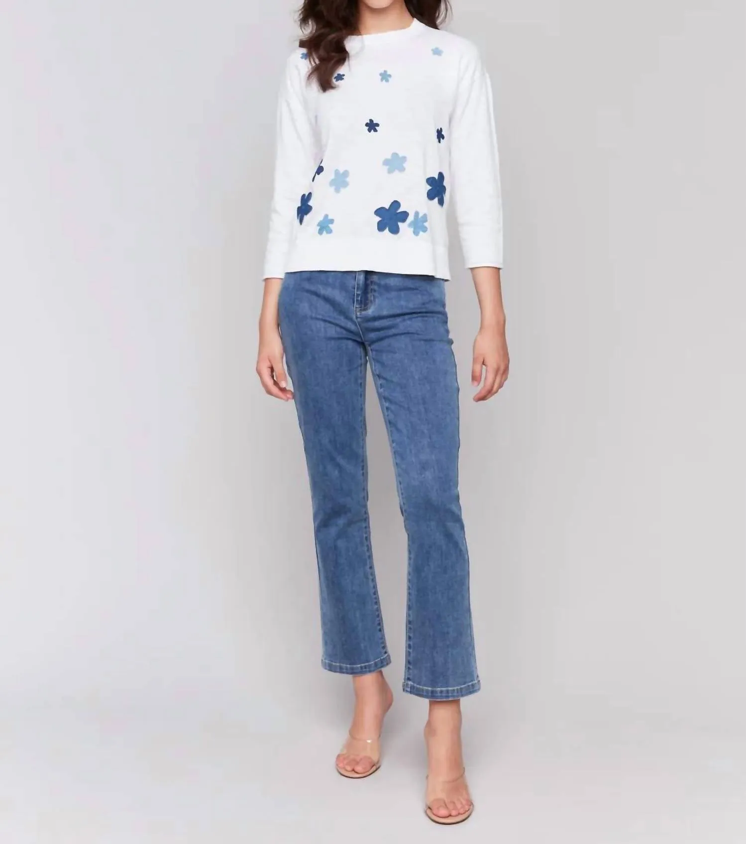 Floral Denim Patch Cotton Crewneck Sweater In White