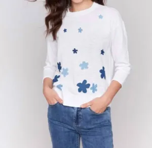 Floral Denim Patch Cotton Crewneck Sweater In White