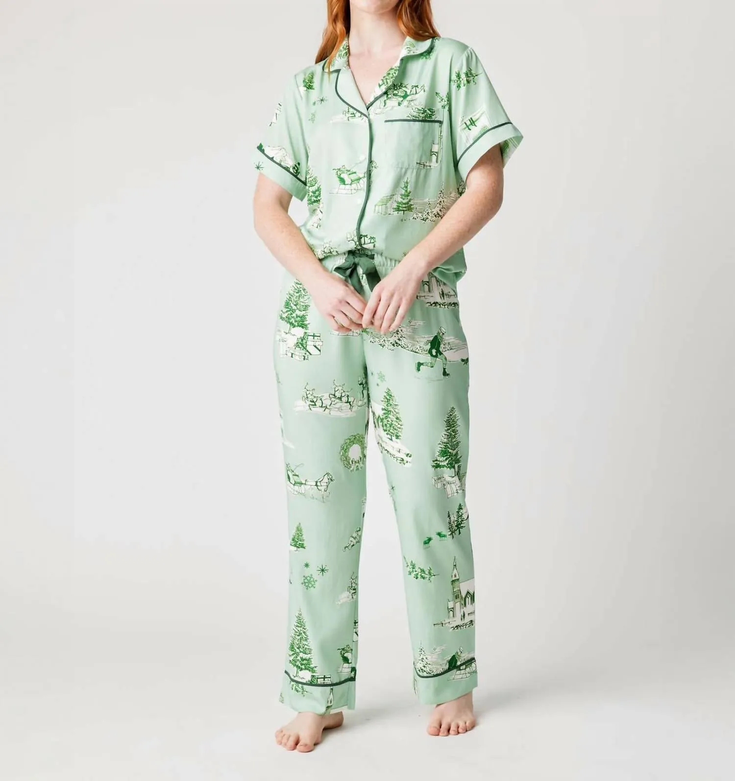 Holiday Toile Pajama Pants Set In Mint Hunter