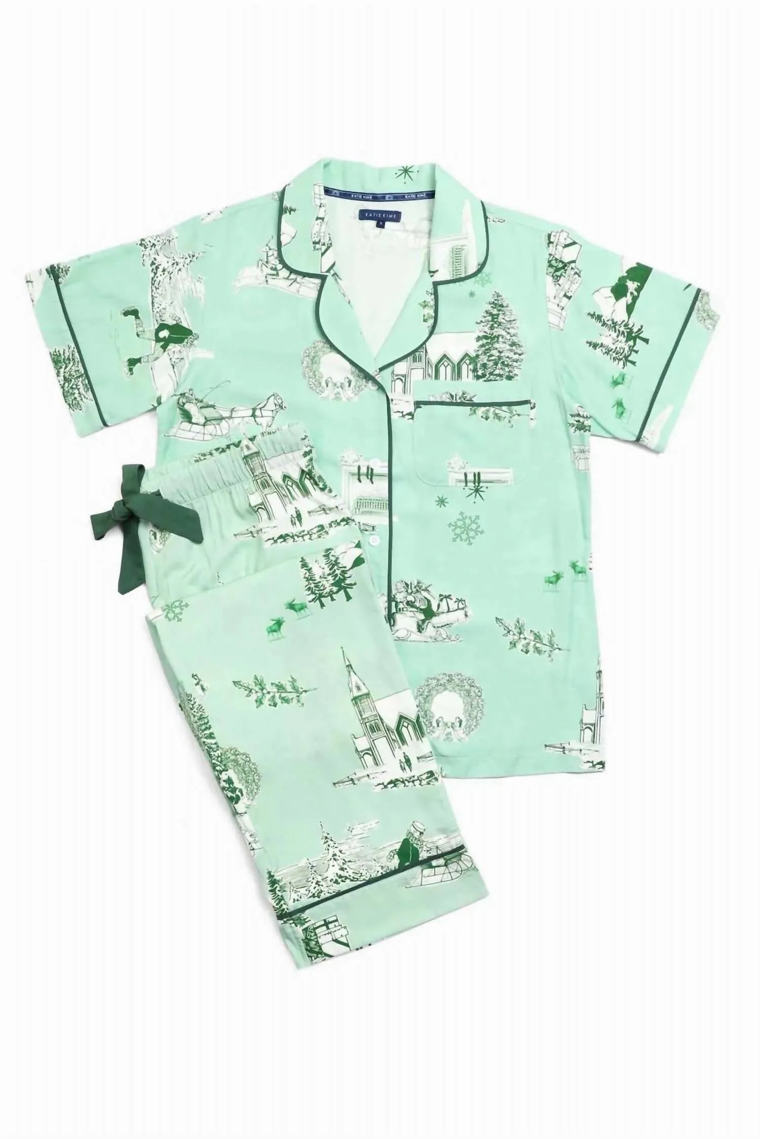 Holiday Toile Pajama Pants Set In Mint Hunter