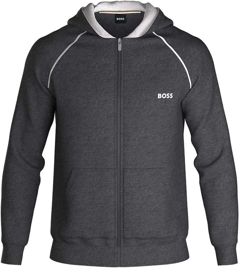 HUGO BOSS Men Mix&Match Logo Zip Up Cotton Hoodie Asphault Grey