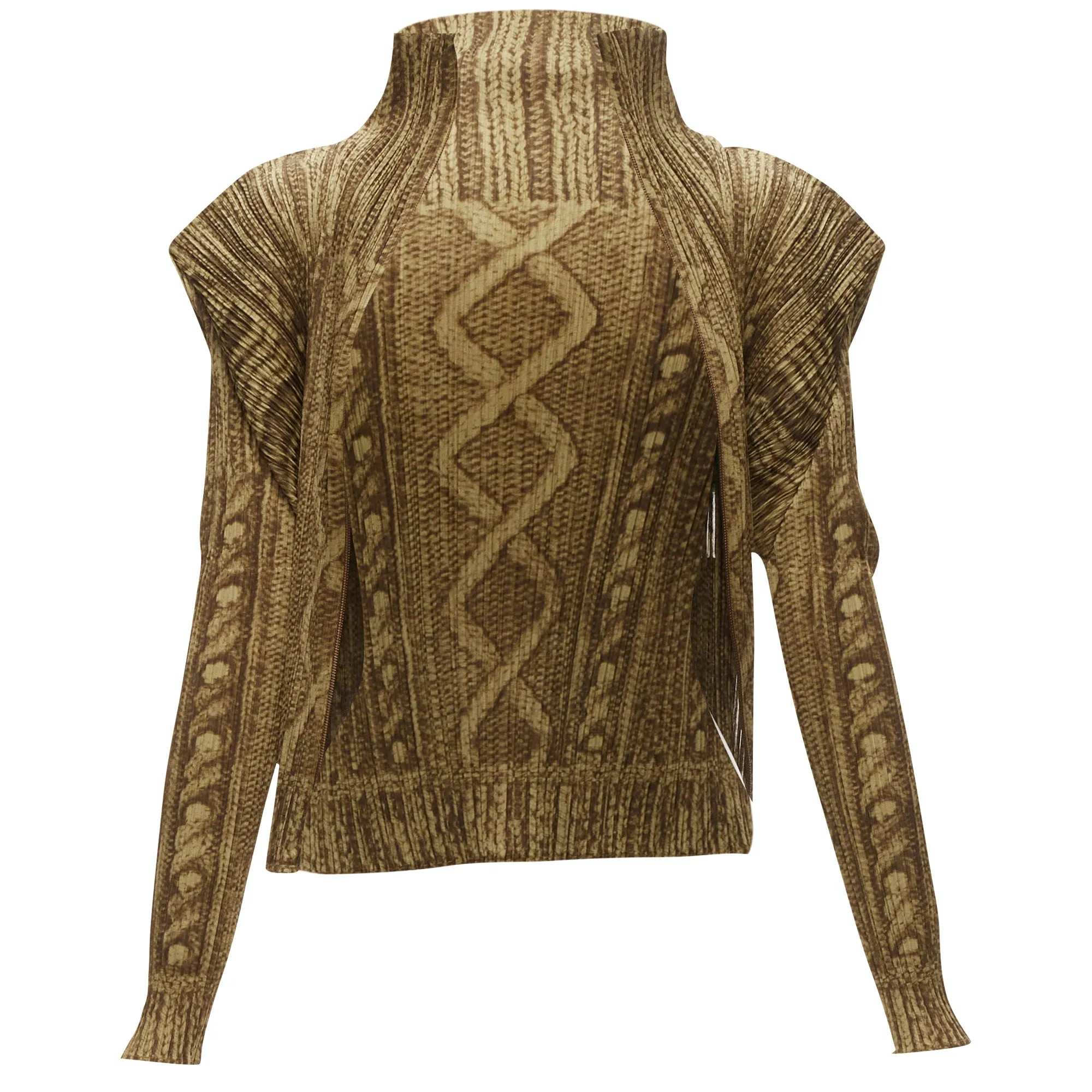 Issey Miyake Pleats Please tromp loeil cable knit zip up jacket