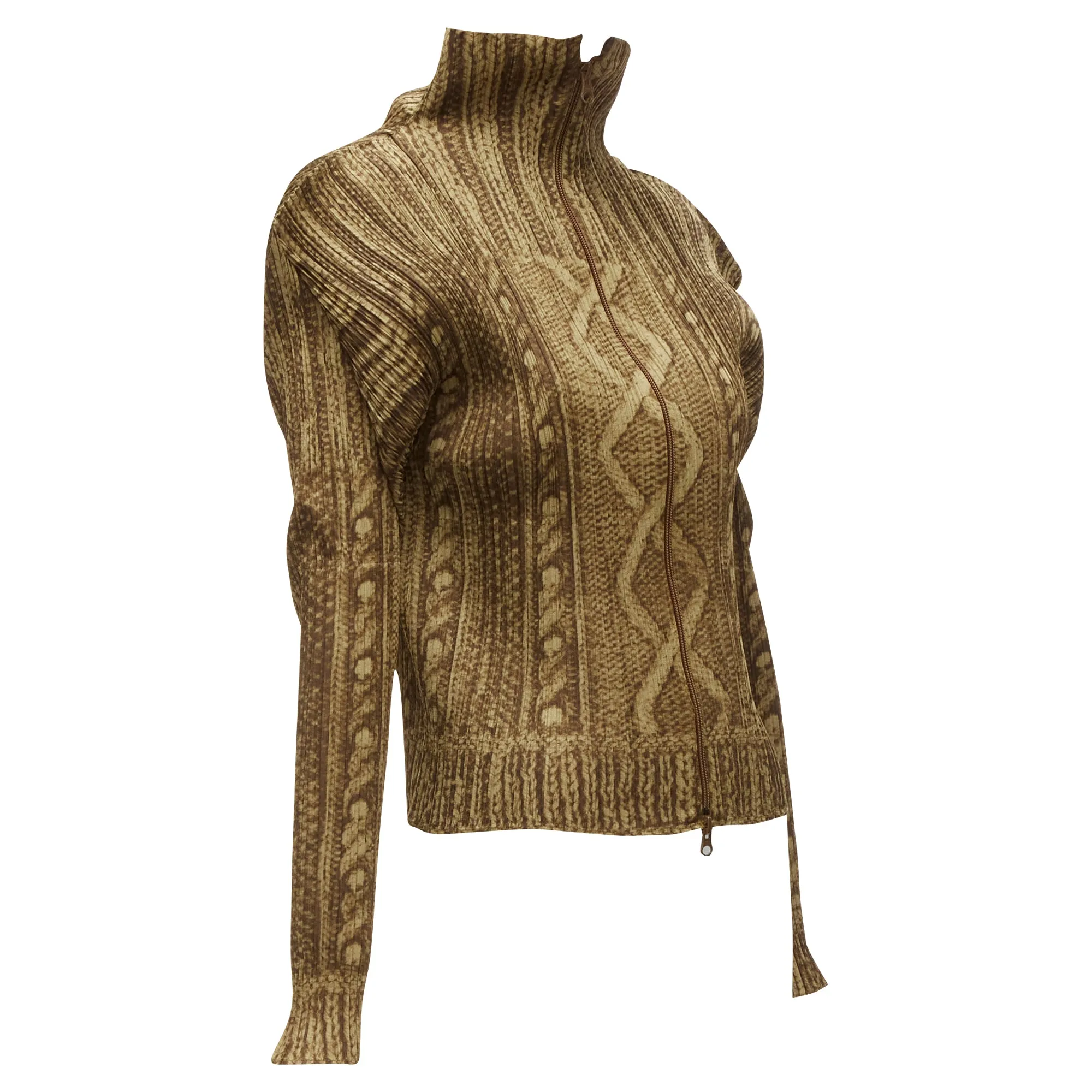 Issey Miyake Pleats Please tromp loeil cable knit zip up jacket