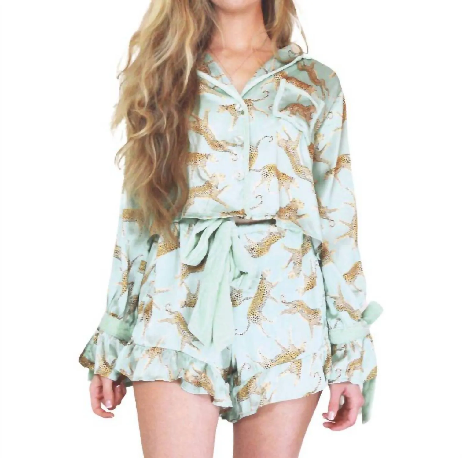 Leopard Satin Ruffle Set Short Pajama In Sage