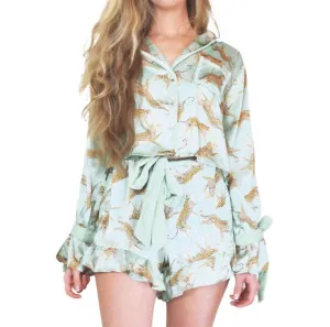 Leopard Satin Ruffle Set Short Pajama In Sage