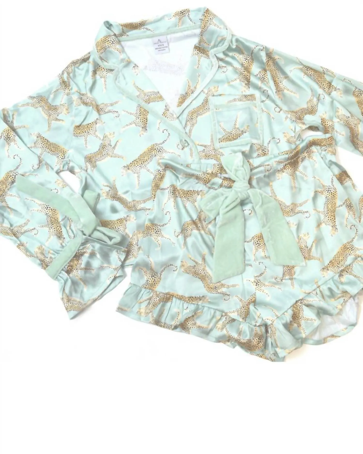 Leopard Satin Ruffle Set Short Pajama In Sage