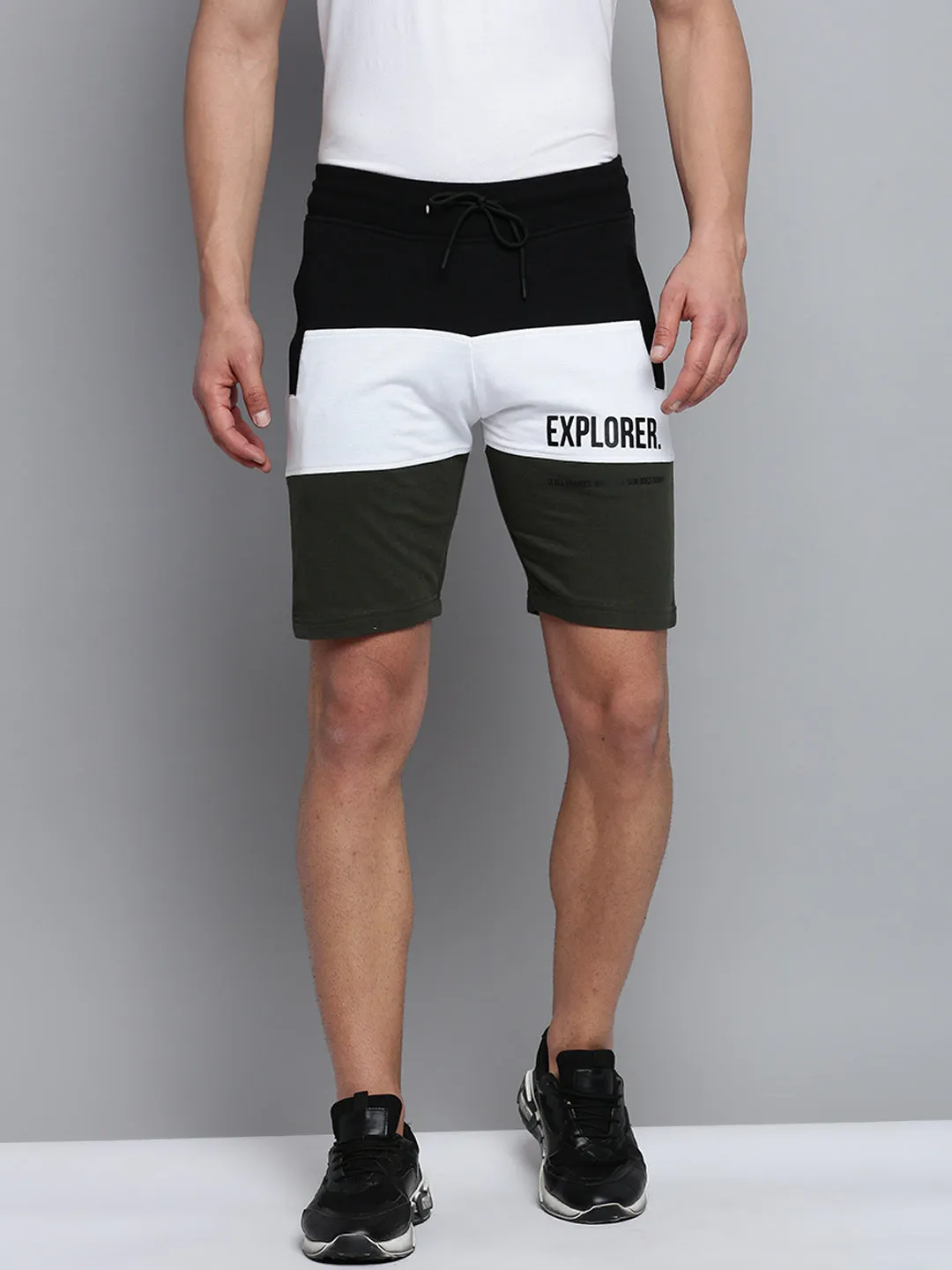 Men Black Colour blocked Cotton Mid-Rise Sports Shorts