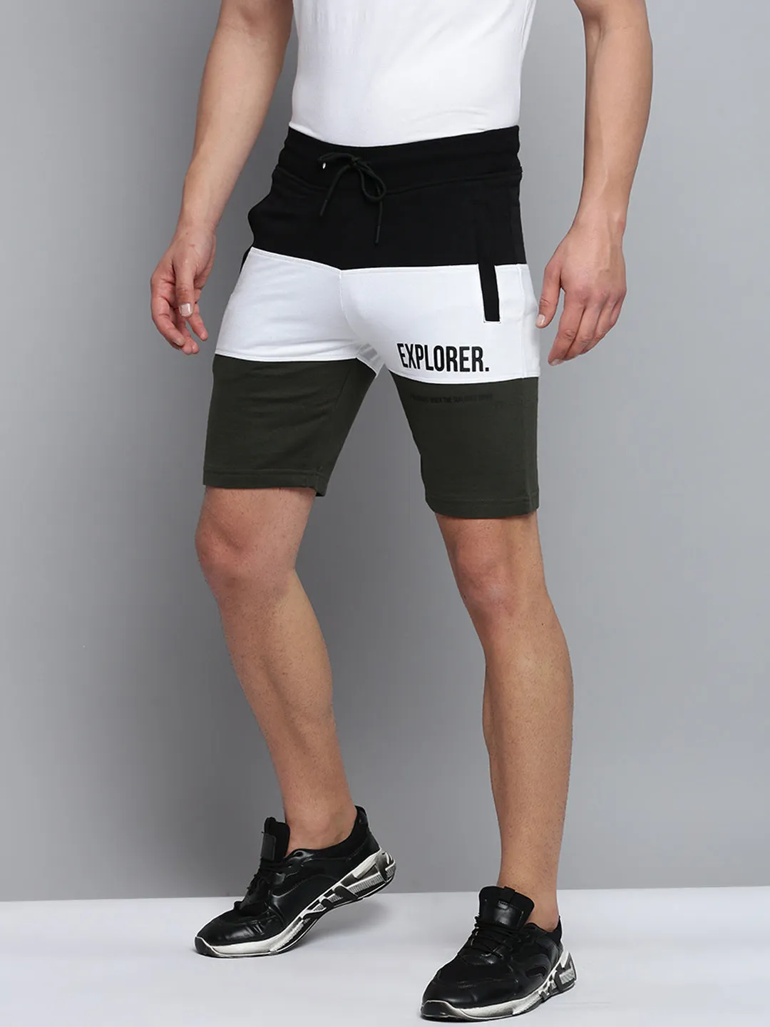 Men Black Colour blocked Cotton Mid-Rise Sports Shorts