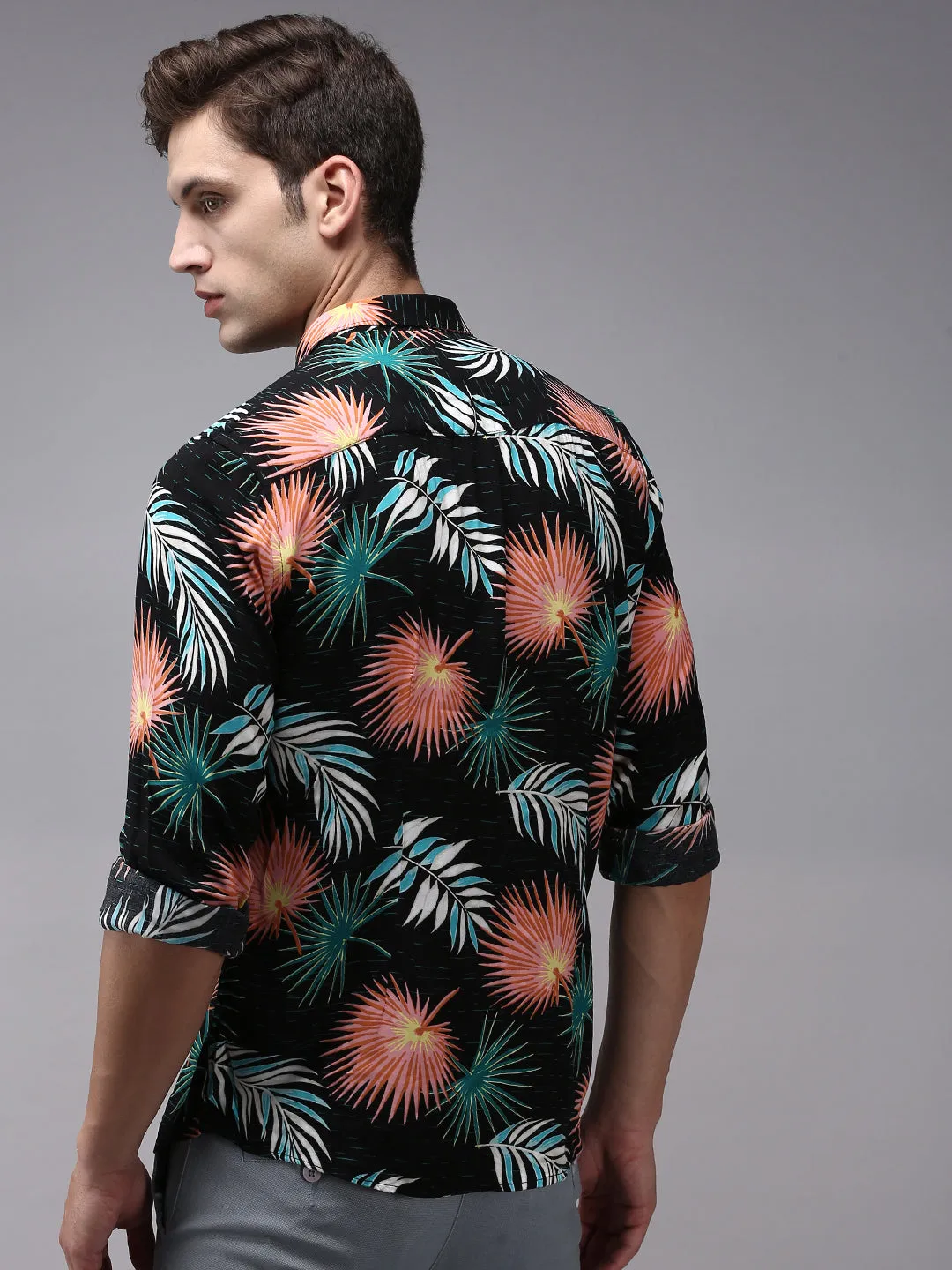 Men Black Comfort Floral Printed Cotton Casual Shirt