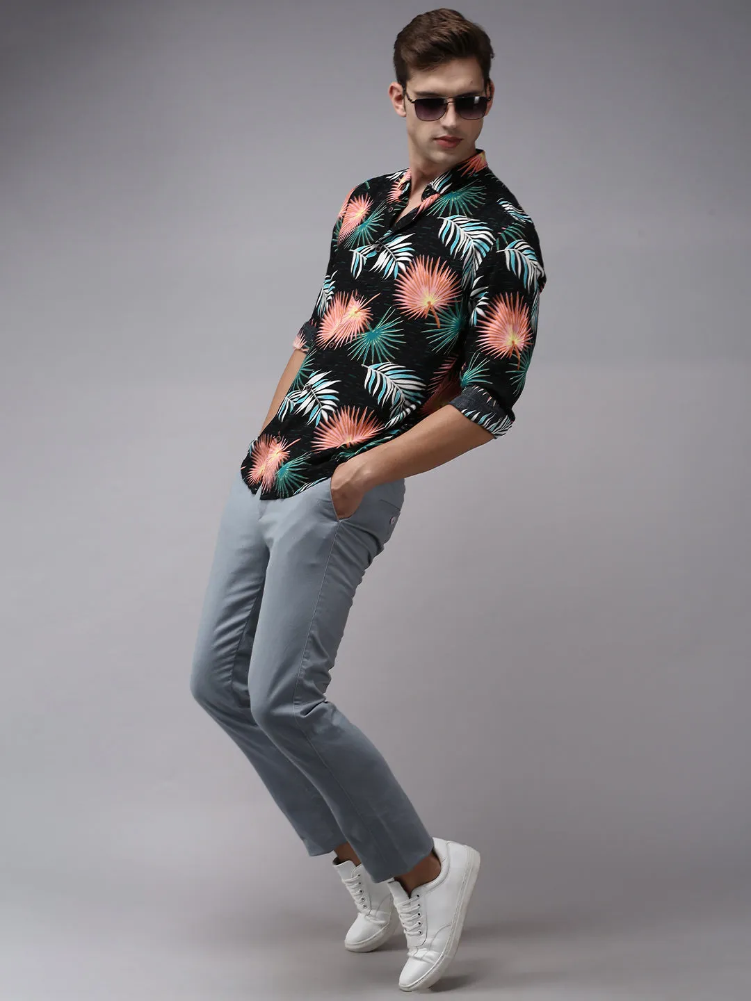 Men Black Comfort Floral Printed Cotton Casual Shirt