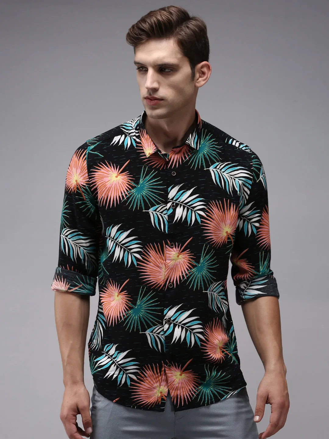 Men Black Comfort Floral Printed Cotton Casual Shirt