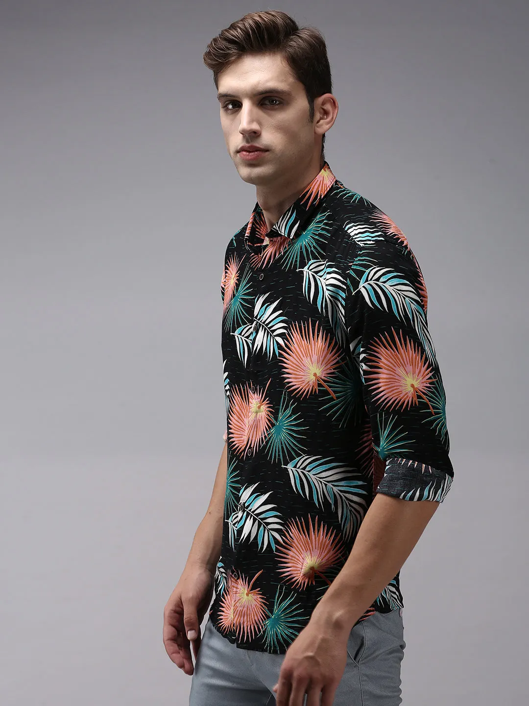Men Black Comfort Floral Printed Cotton Casual Shirt