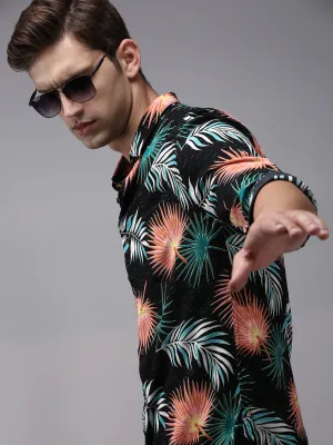 Men Black Comfort Floral Printed Cotton Casual Shirt